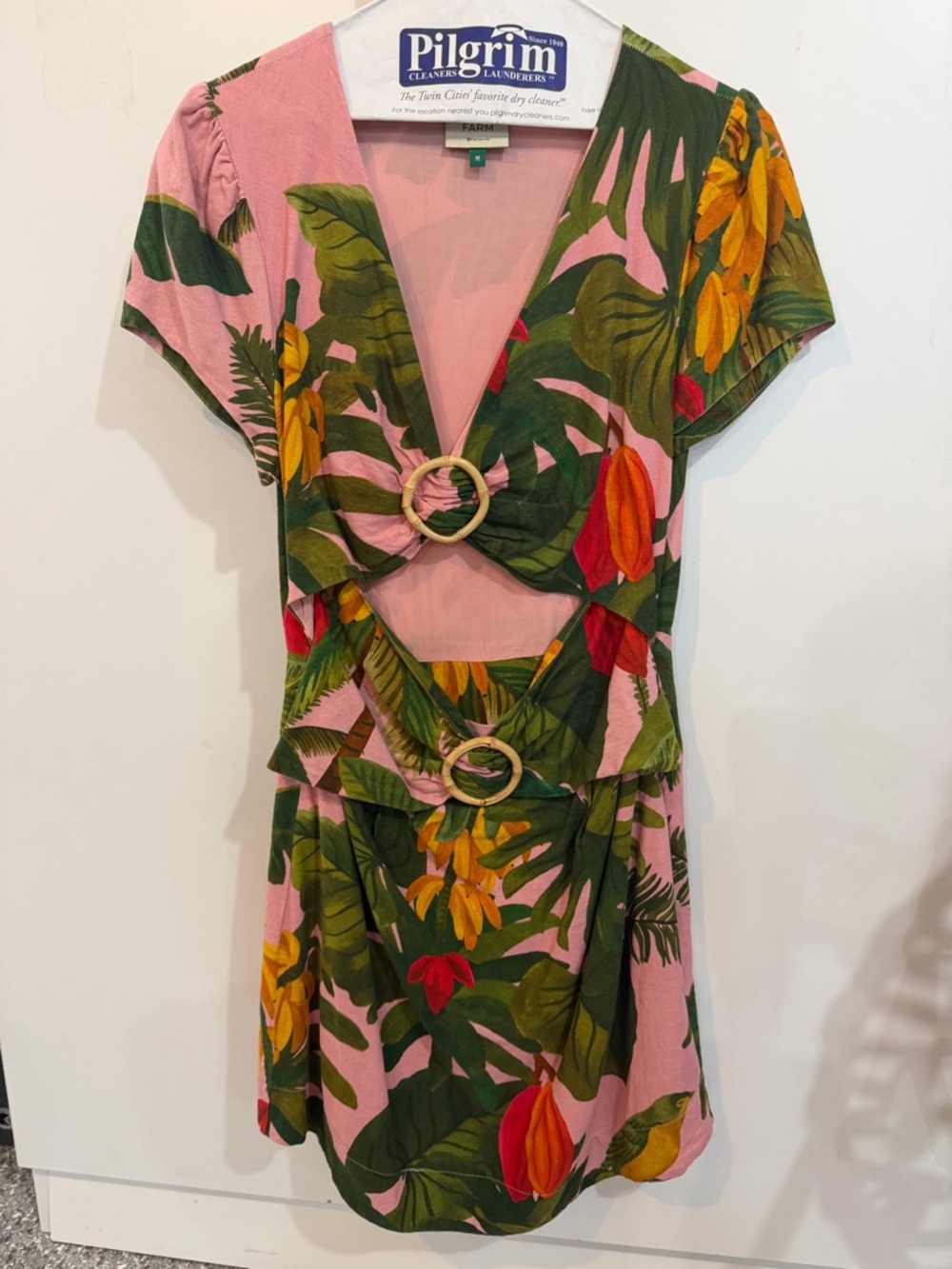FARM Rio Pink Tropical Leaf Mini Dress with Green, Yellow & Red Accents